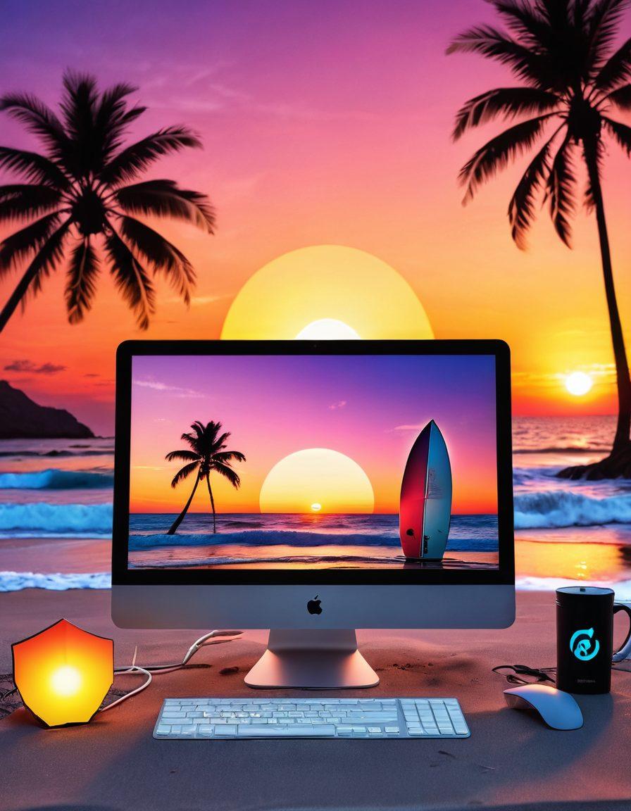 A sleek computer setup on a beach, with waves crashing in the background. A glowing shield icon overlays the screen, representing online safety and security. Bright colors of sunset illuminate the scene, while a subtle representation of proxy connections flows in the air. Include elements like palm trees and surfboards to create a relaxing vibe. vibrant colors. super-realistic.