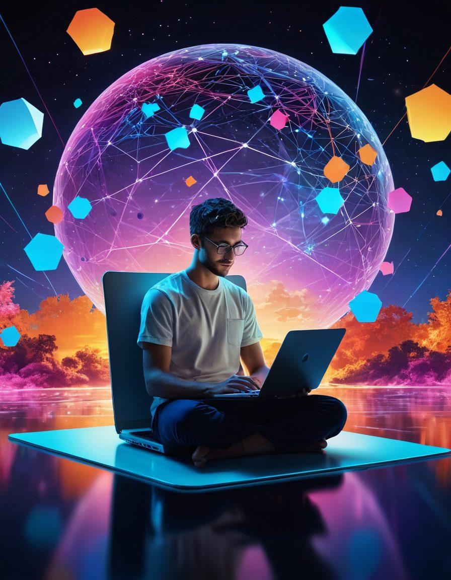 A serene digital landscape featuring a person browsing joyfully on a laptop surrounded by floating, colorful proxy shields symbolizing online privacy and security. Include imagery of vibrant data streams and a soft glowing network globe in the background, creating a sense of connectivity and safety. The scene should evoke feelings of happiness and freedom in online browsing. vibrant colors. super-realistic.