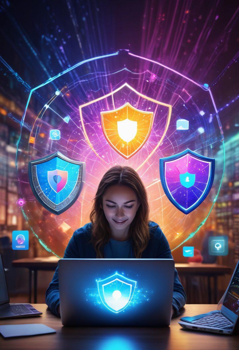 A bright and uplifting scene depicting a vibrant digital landscape filled with symbolic proxy servers, shield icons, and colorful data streams flowing securely around them. In the foreground, a person with a joyful expression is browsing on a laptop, surrounded by a shield of light, symbolizing enhanced security and joy. The background features abstract elements representing a protected internet with glowing connections. super-realistic. vibrant colors. digital art.